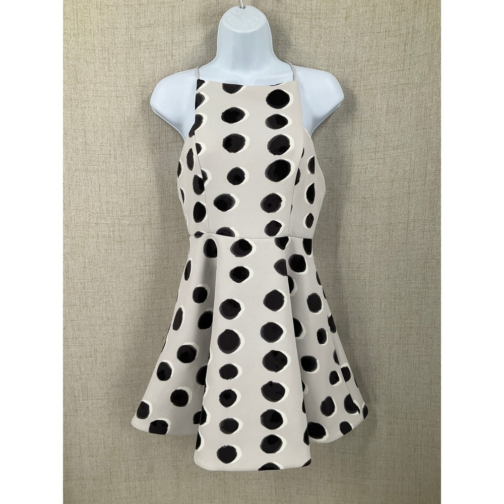 Keepsake Mini Dress‎ Womens Medium Gray Polka Dot Open Back Fit Flare Party
